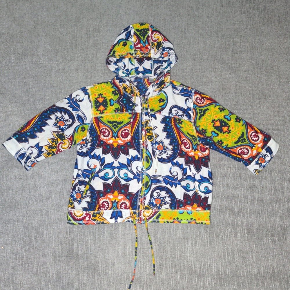 Chicos Womens Size 2 Multi Color Paisley Cotton Zip Up Hooded Jacket Lightweight